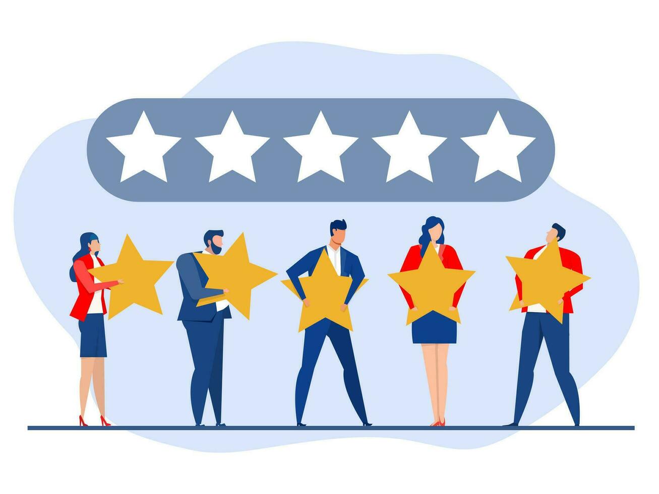fem stjärna betyg positiv feedback, människor innehav recension stjärnor kunder betyg klient respons tillfredsställelse nivå koncept, stödja produkt eller service vektor illustration