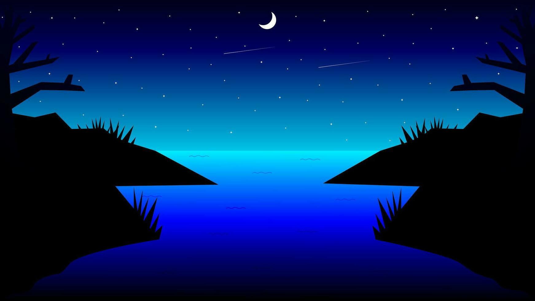 Vektor Illustration Nacht Aussicht von ein Sumpf mit Felsen und unfruchtbar Baum Silhouetten auf entweder Seite