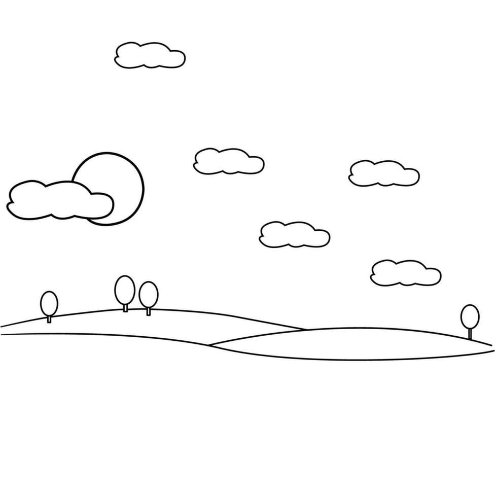 en teckning av en landskap med moln och träd vektor