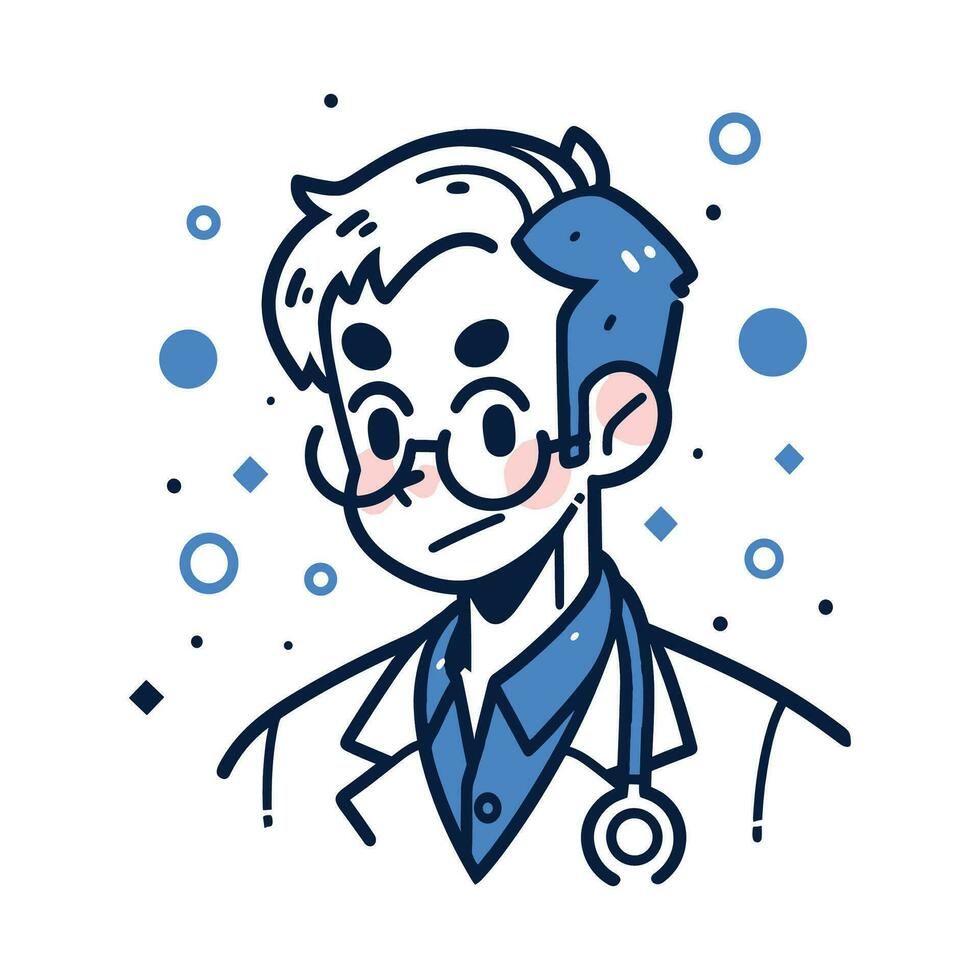 Arzt Porträt isoliert auf Weiß Hintergrund, Arzt Zeichen Illustration im eben Stil, süß Arzt Logo Design vektor
