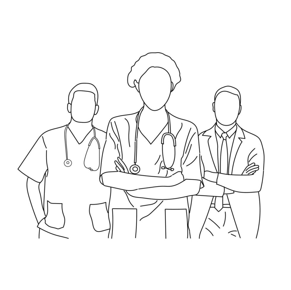 Gruppe von medizinisch Mitarbeiter. männlich und weiblich Gesundheit Arbeitskräfte sind isoliert auf ein Weiß Hintergrund. medizinisch Arbeitskräfte Vektor Linie Zeichnung von ein Mannschaft von Ärzte.