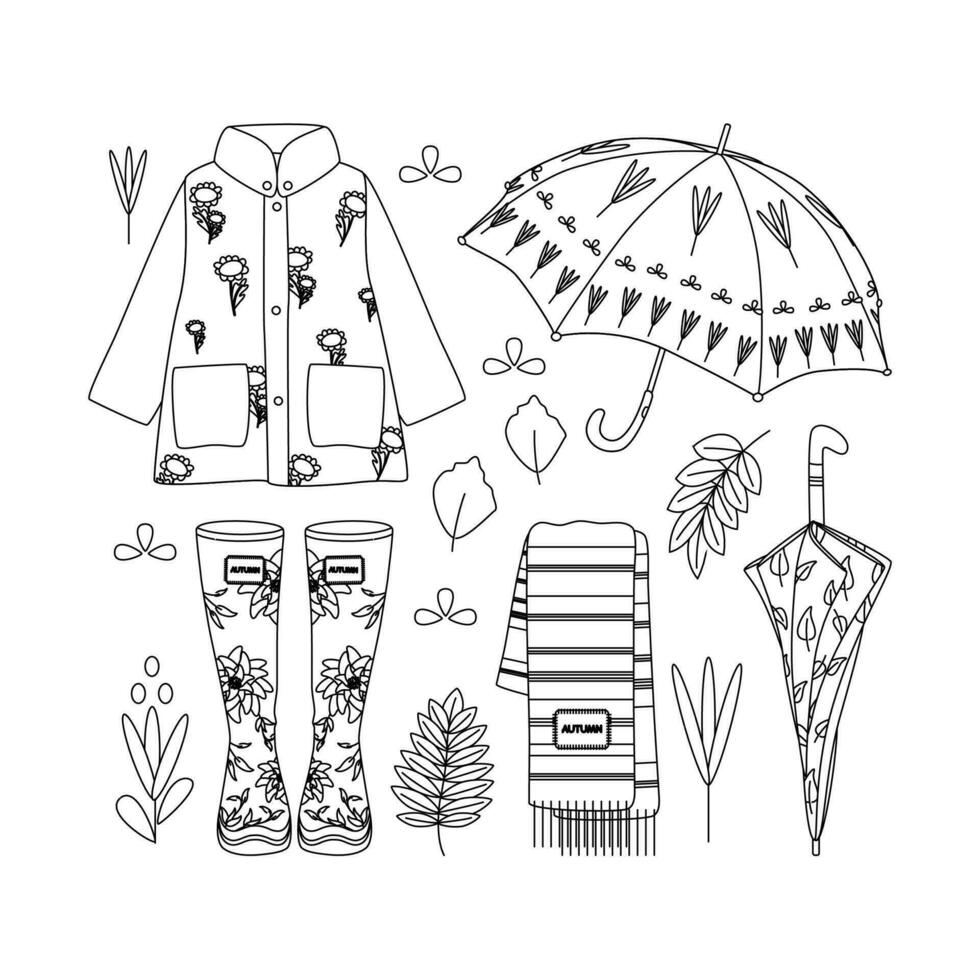 paraply, scarf, stövlar, regnrock, löv. Hej höst. höst säsong element, ikon. linje konst. vektor