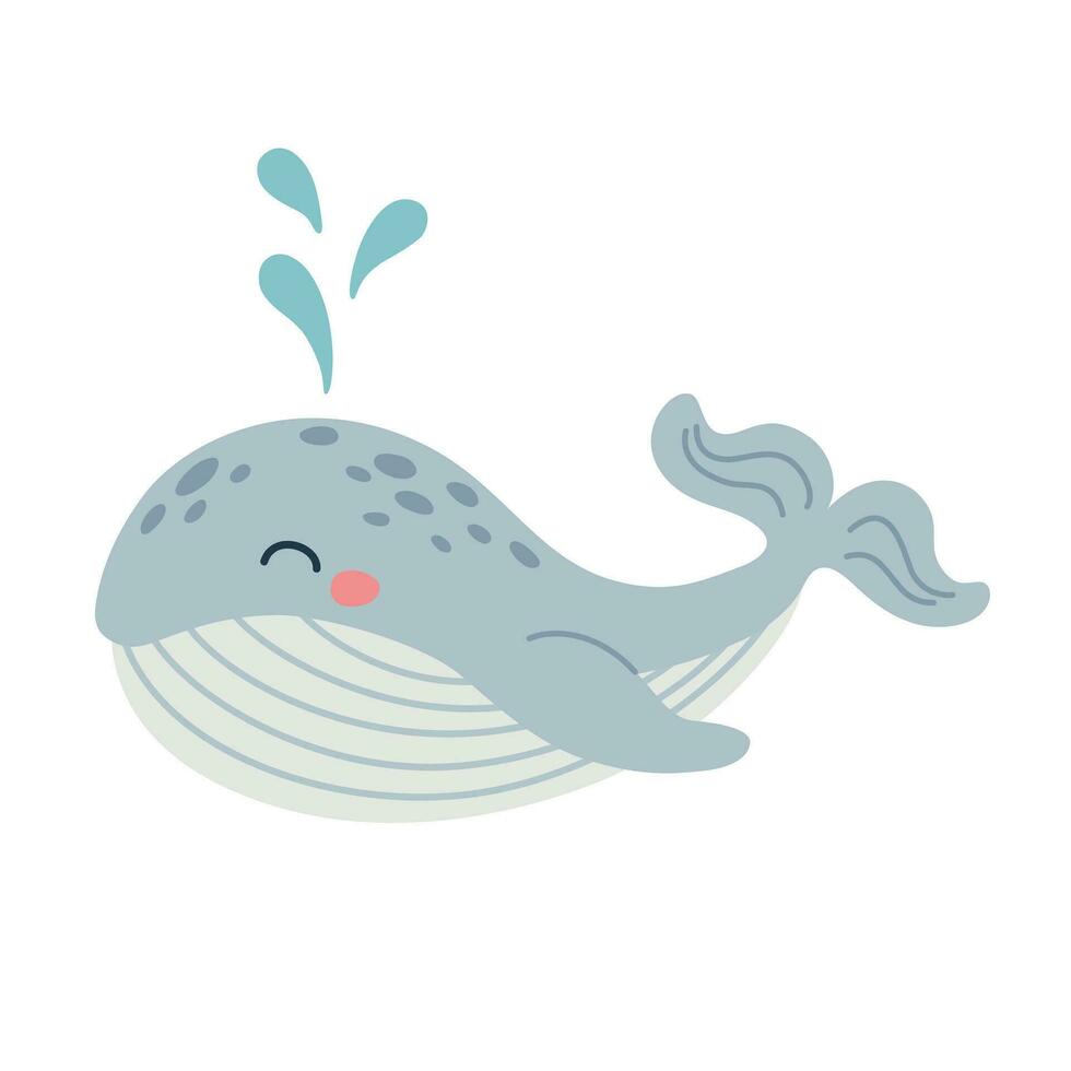 Karikatur Hand gezeichnet Wal auf isoliert Weiß Hintergrund. Charakter von das Meer Tiere zum das Logo, Maskottchen, Design. Vektor Illustration