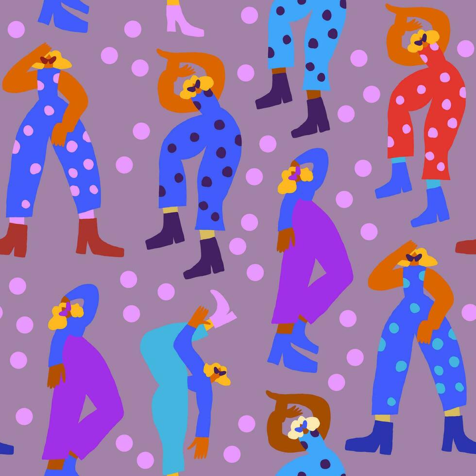 Vektor nahtlos Muster mit Tanzen Disko Menschen tragen bunt Kleidung, 80er Jahre Jahrgang Stil Muster mit Polka Punkte. retro Party Hintergrund