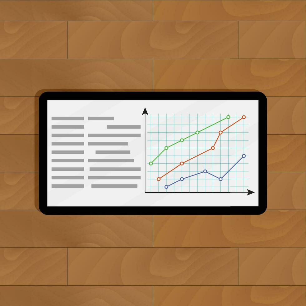 Tablette mit Grafik. jährlich statistisch Diagramm, Vektor Illustration