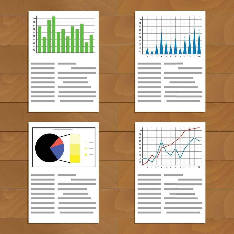 uppsättning av dokument med grafik och diagram. infochart och infografik, marknadsföra analys och utveckling. vektor illustration