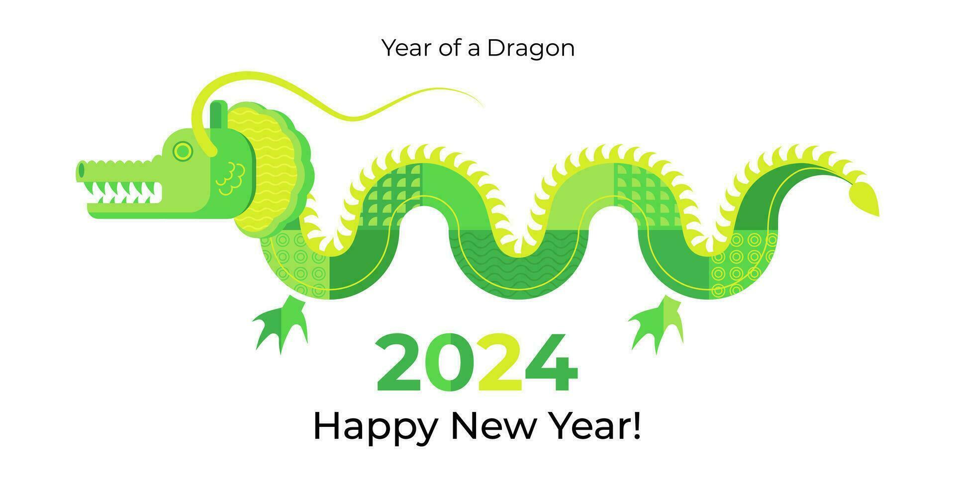 2024 glücklich Neu Jahr Postkarte mit Grün hölzern Drachen, Symbol von das Jahr vektor