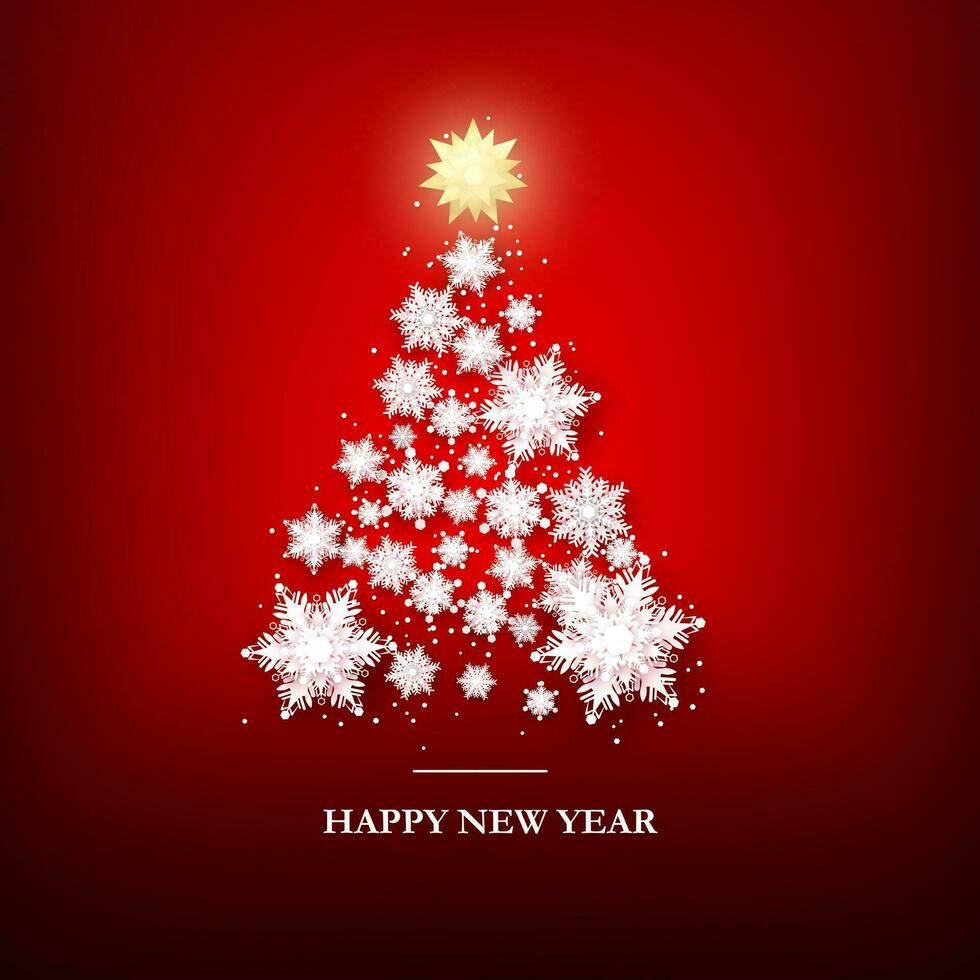 Weihnachten Baum Gruß Karte Vorlage. Neu Jahr Baum Silhouette von Papier Schneeflocken. glücklich Neu Jahr und fröhlich Weihnachten. abstrakt Urlaub Hintergrund. Vektor