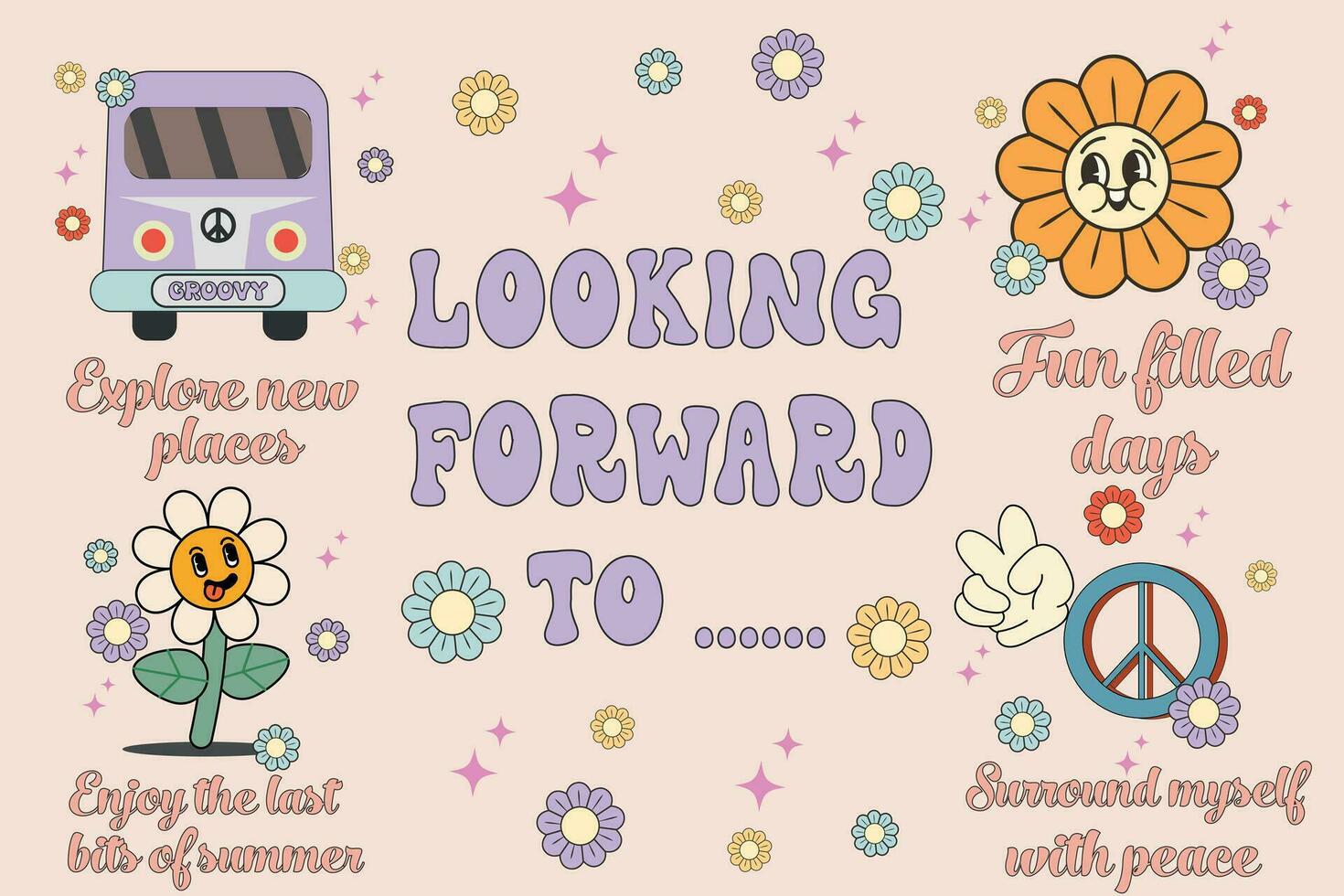 uppsättning retro 70s hippie klistermärken. psychedelic räffla element och text. rolig illustrationer citat med blommor, buss och fred tecken och ord på färgrik blommor runda daisy bukett. vektor