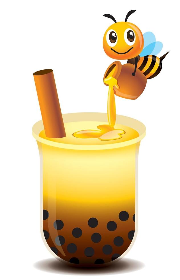 Cartoon süße Biene gießt den Honig aus dem Topf in die Bubble Tea Tasse. frischer Honig-Bubble-Tee vektor