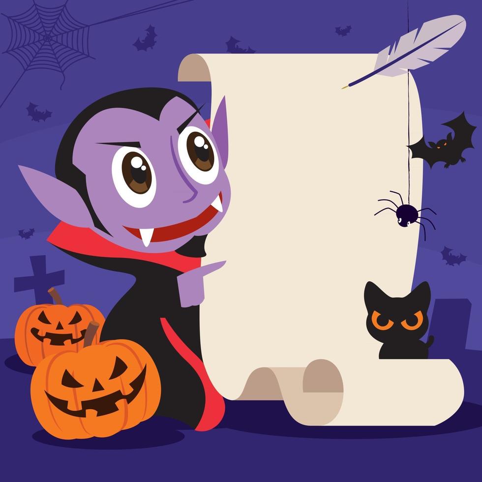 glad Halloween. tecknad söt vampyr med retro pappersskylt och fjäderpenna i allvarlig bakgrund vektor