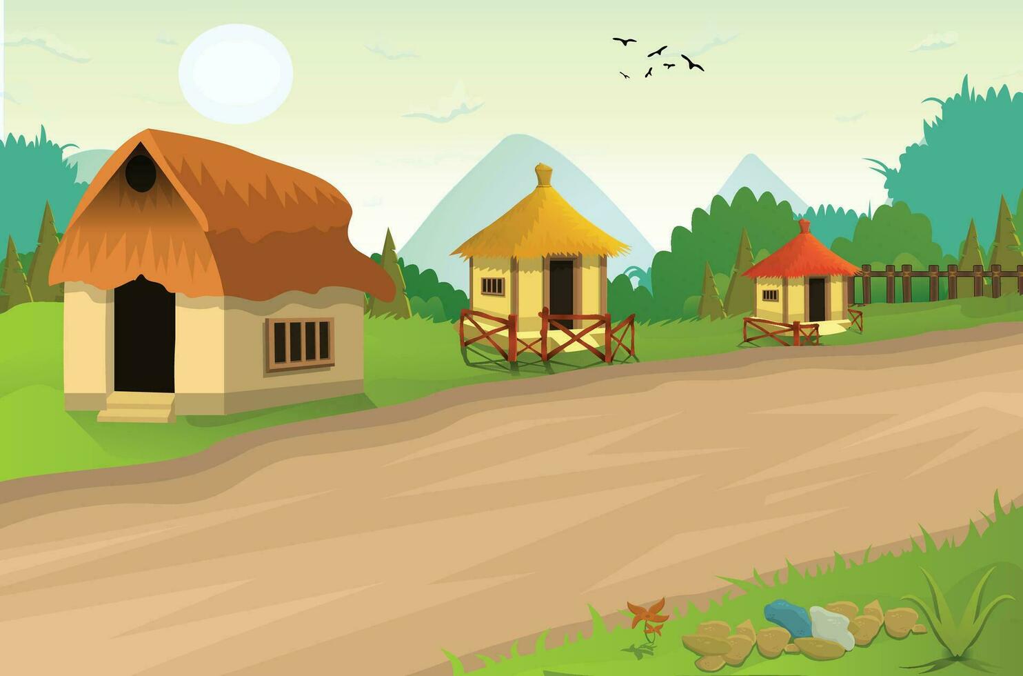 schön Natur Landschaft Dorf Abend Illustration, mit stilvoll eben Design, Bäume, Banner und Feld Karikatur Hintergrund vektor