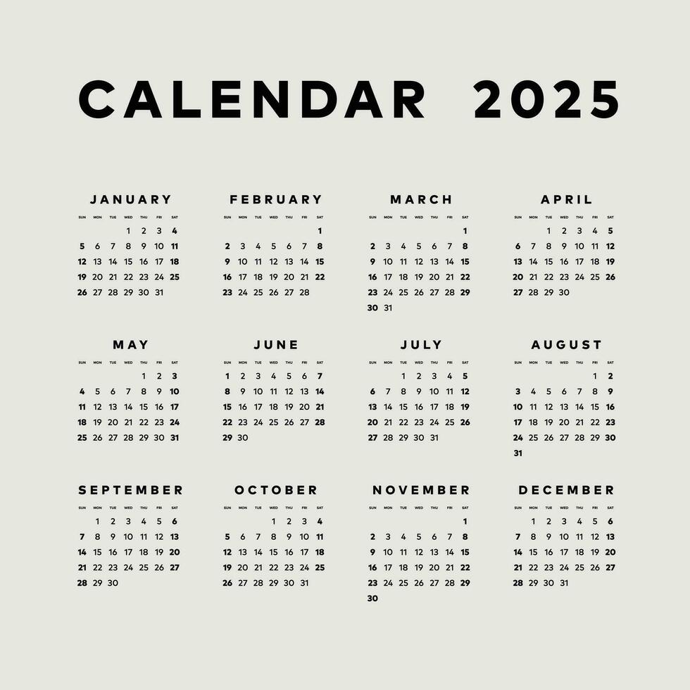 einfach Kalender 2025, Woche Start Sonntag Vorlage. vektor