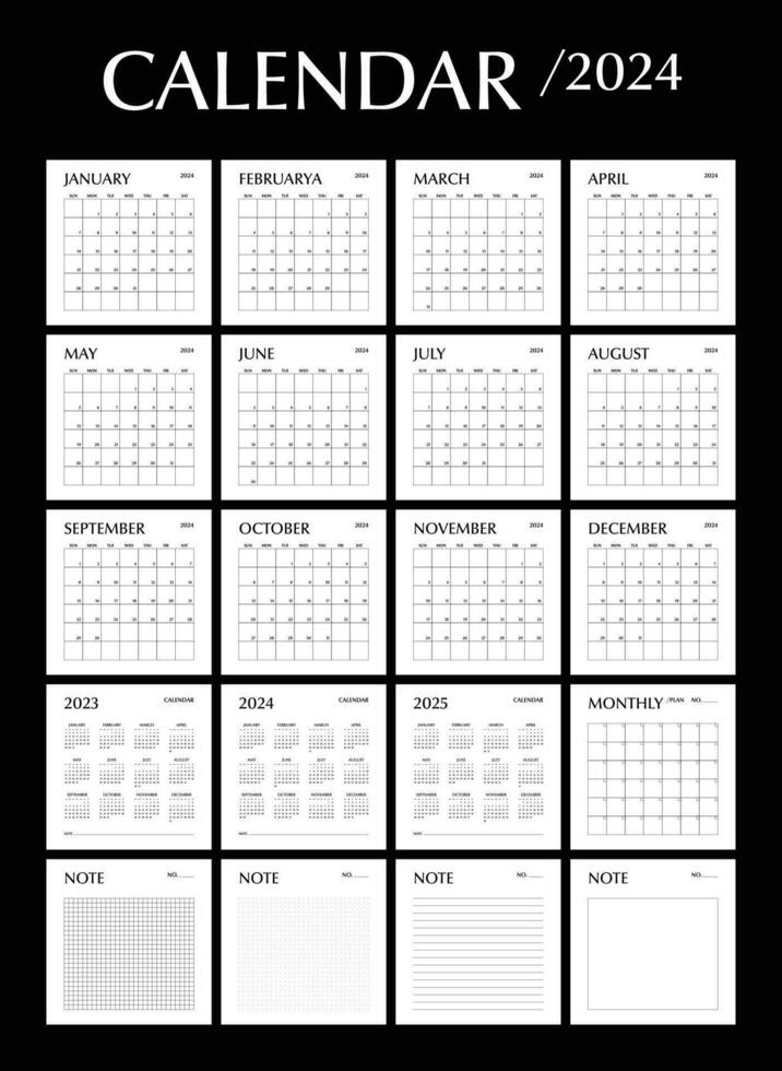 planerare kalender 2024, 2025, dagligen, varje vecka en gång i månaden planerare och notera, minimal design, vecka Start söndag mall. vektor