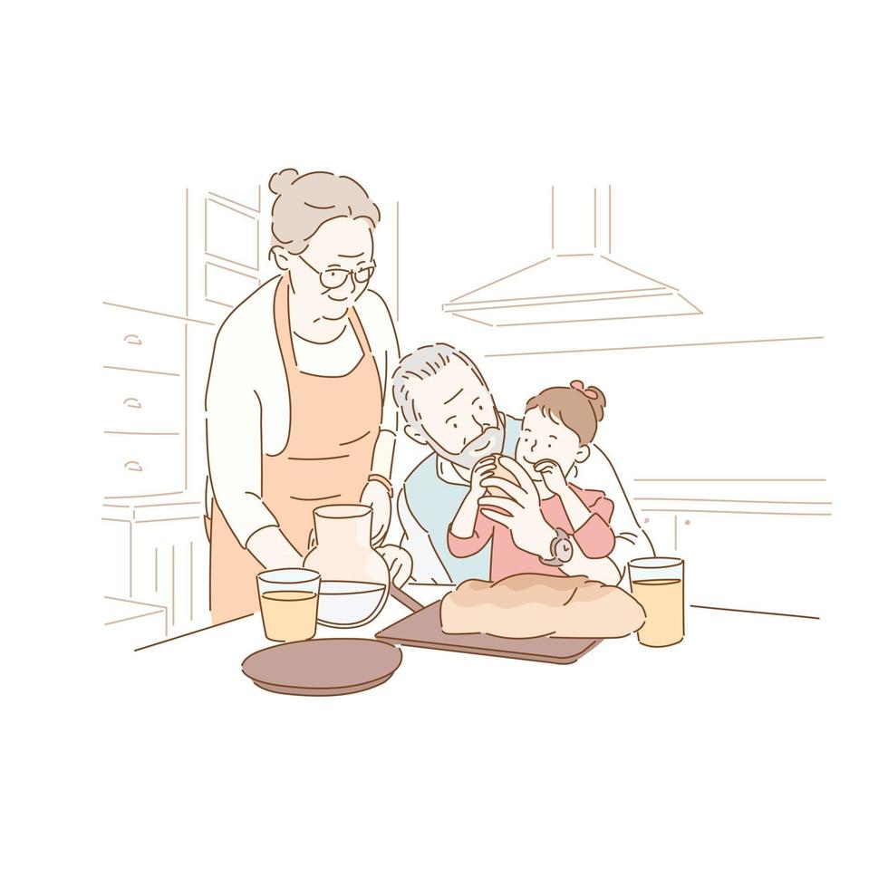 Ein älteres Ehepaar füttert seine Enkelin mit Essen. vektor
