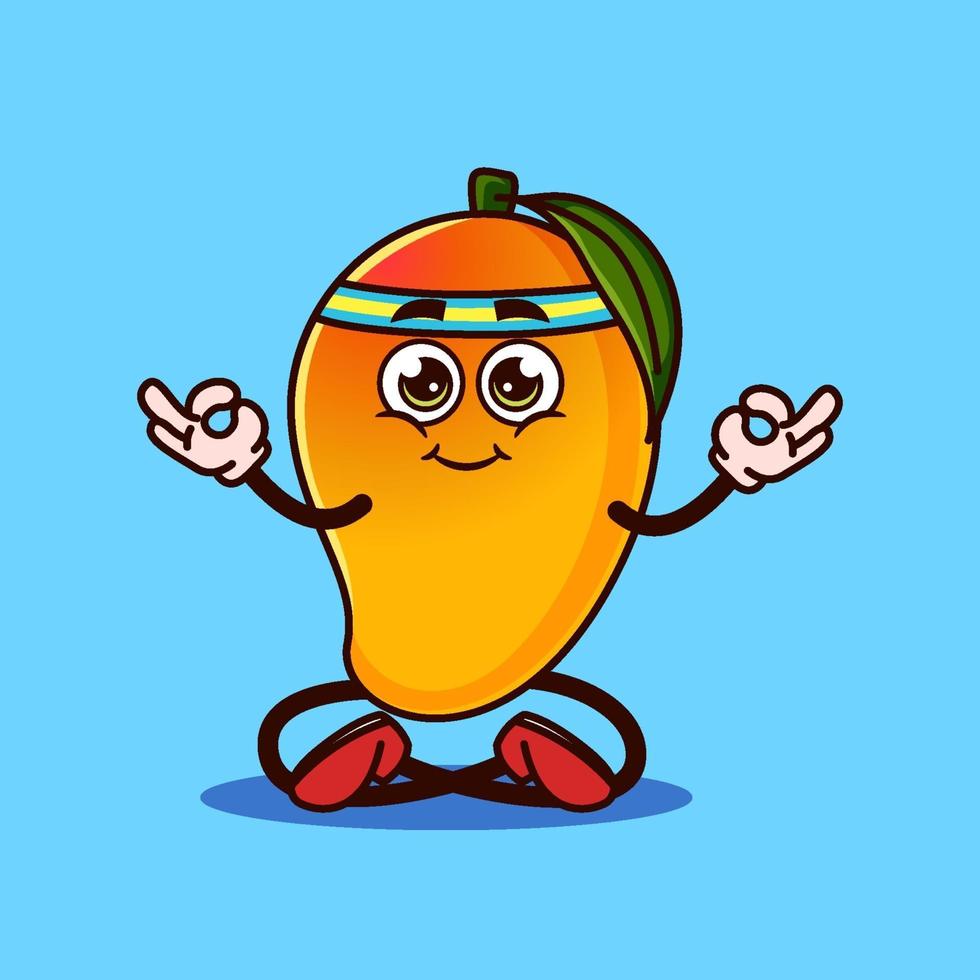 süße Mangofrucht-Charaktermeditation. Obst Charakter Symbol Konzept isoliert. Emoji-Aufkleber. flacher Cartoon-Stil-Vektor vektor