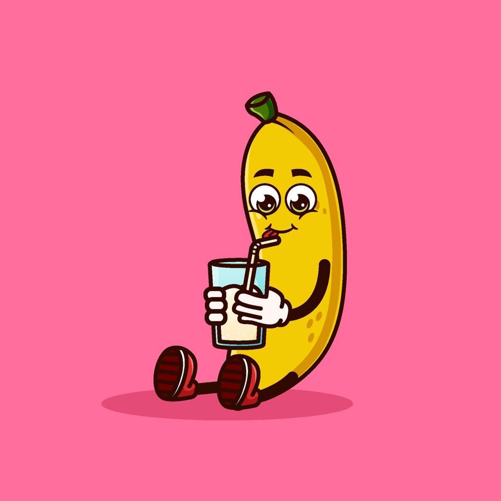 söt banan frukt karaktär sitter med banan juice. frukt karaktär ikon koncept isolerade. emoji-klistermärke. platt tecknad stil vektor