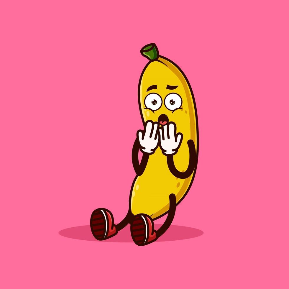söt banan frukt karaktär chockad. frukt karaktär ikon koncept isolerade. emoji-klistermärke. platt tecknad stil vektor
