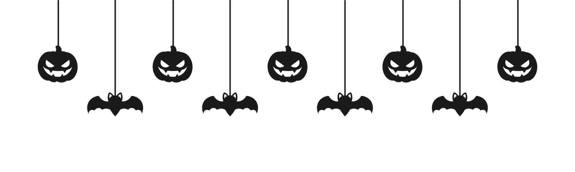 Lycklig halloween baner eller gräns med svart fladdermöss och domkraft o lykta pumpor. hängande läskigt ornament dekoration vektor illustration, lura eller behandla fest inbjudan