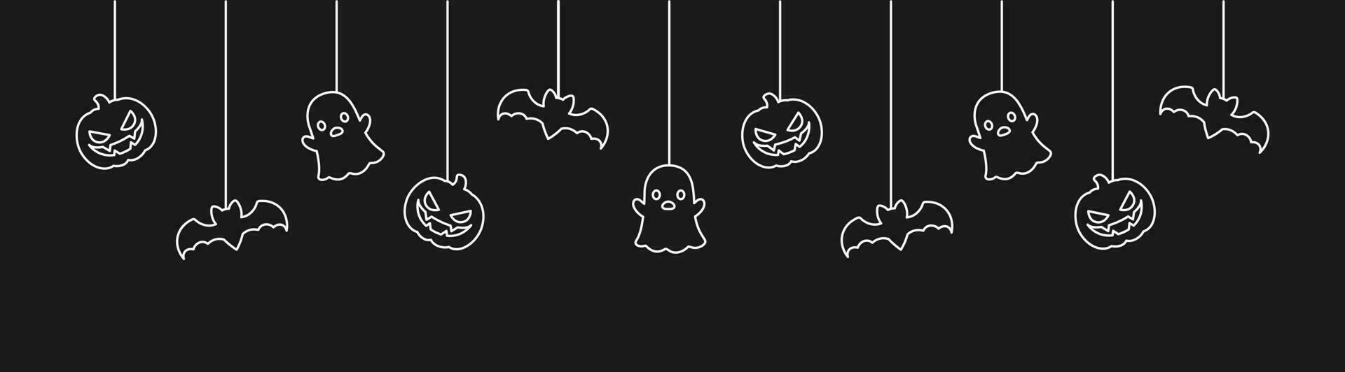 glücklich Halloween Banner oder Rand mit Fledermäuse, Geist und Jack Ö Laterne Kürbisse Gliederung Gekritzel. hängend gespenstisch Ornamente Dekoration Vektor Illustration, Trick oder behandeln Party Einladung