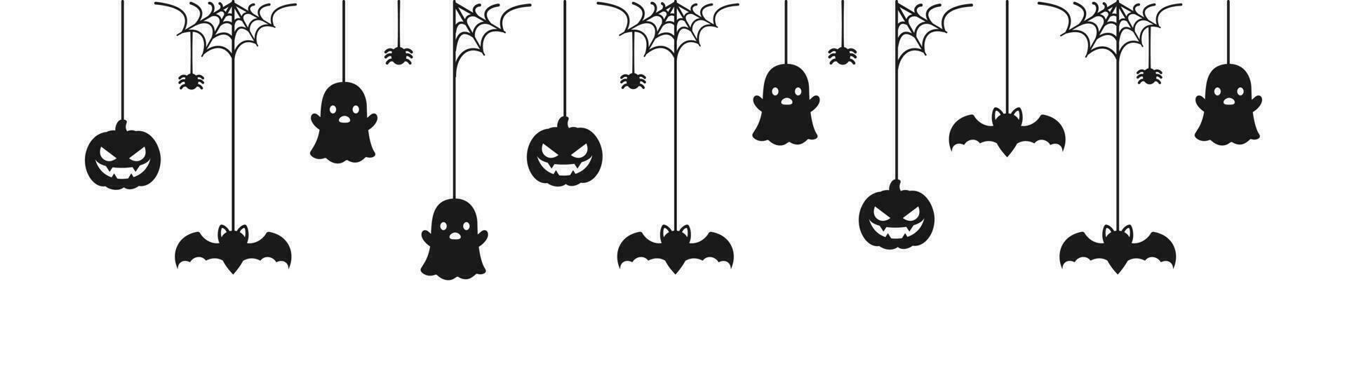 Lycklig halloween baner eller gräns med svart fladdermöss, Spindel webb, spöke och domkraft o lykta pumpor. hängande läskigt ornament dekoration vektor illustration, lura eller behandla fest inbjudan