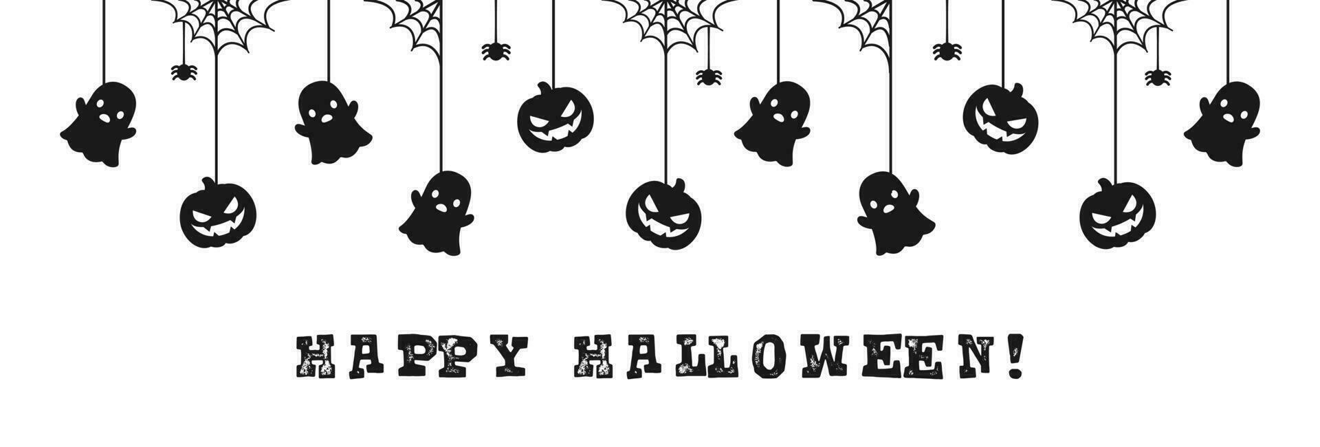 glücklich Halloween Banner oder Rand mit schwarz Geist und Jack Ö Laterne Kürbisse. hängend gespenstisch Ornamente Dekoration Vektor Illustration, Trick oder behandeln Party Einladung