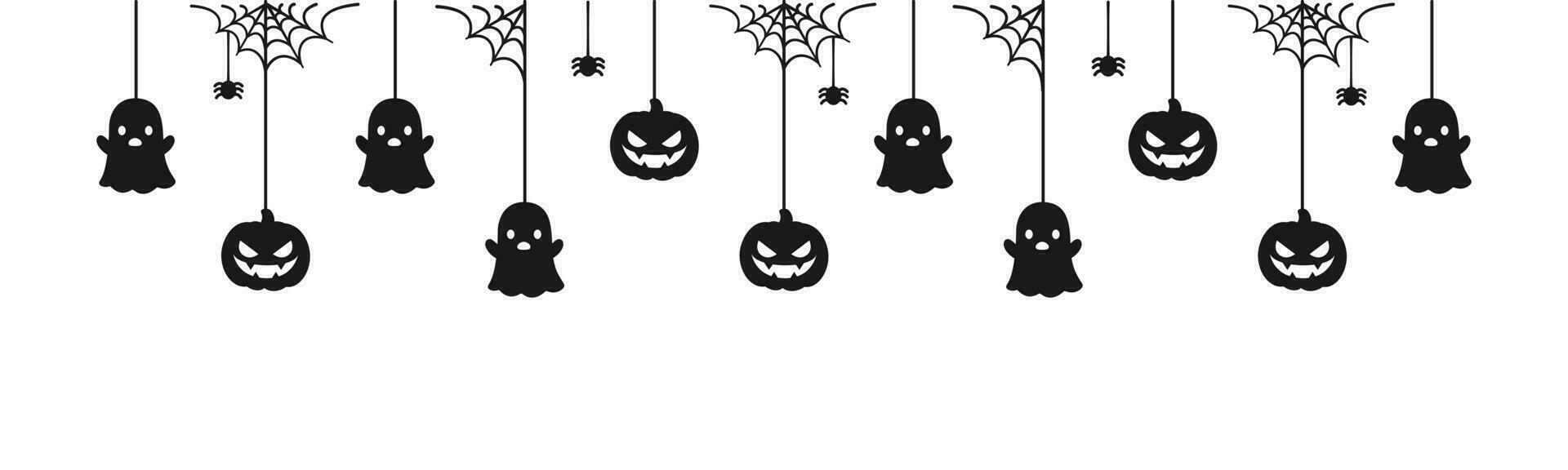 Lycklig halloween baner eller gräns med svart Spindel webb, spöke och domkraft o lykta pumpor. hängande läskigt ornament dekoration vektor illustration, lura eller behandla fest inbjudan