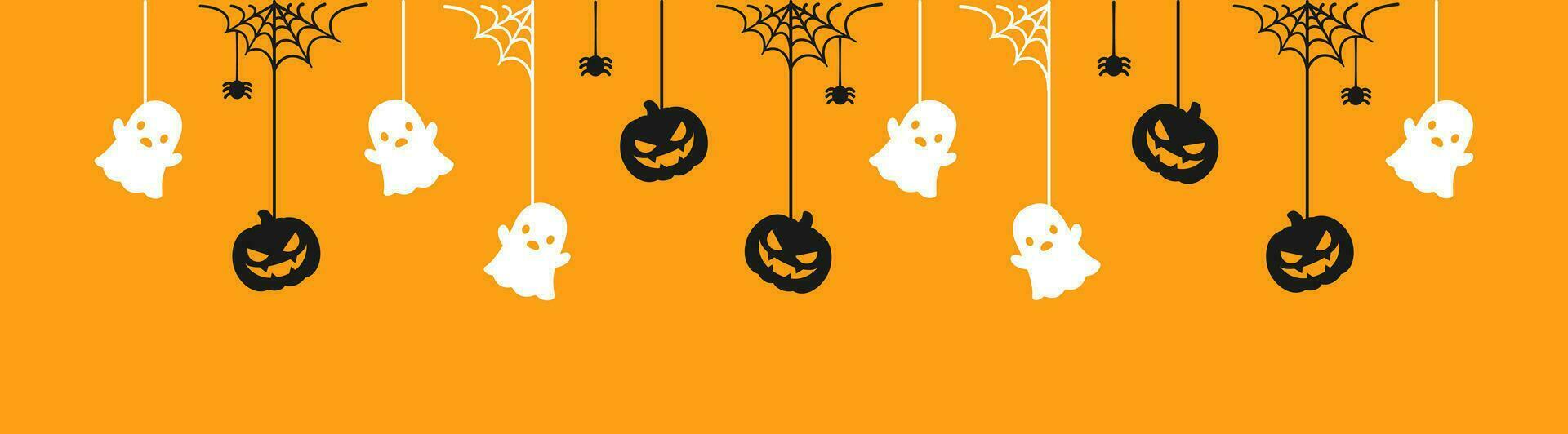 glücklich Halloween Banner oder Rand mit Geist und Jack Ö Laterne Kürbisse. hängend gespenstisch Ornamente Dekoration Vektor Illustration, Trick oder behandeln Party Einladung