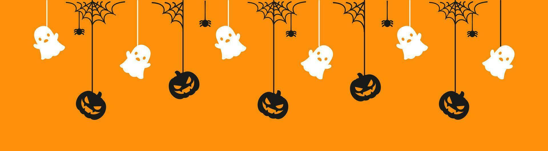 glücklich Halloween Banner oder Rand mit Geist und Jack Ö Laterne Kürbisse. hängend gespenstisch Ornamente Dekoration Vektor Illustration, Trick oder behandeln Party Einladung