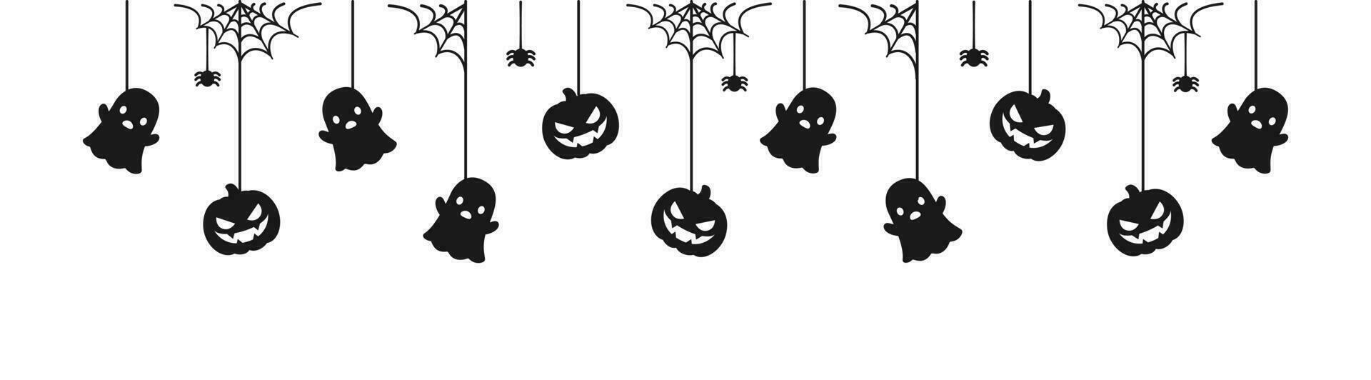 glücklich Halloween Banner oder Rand mit schwarz Geist und Jack Ö Laterne Kürbisse. hängend gespenstisch Ornamente Dekoration Vektor Illustration, Trick oder behandeln Party Einladung