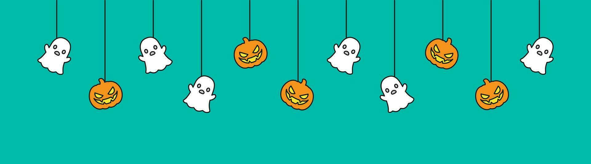 glücklich Halloween Banner oder Rand mit Geist und Jack Ö Laterne Kürbisse. hängend gespenstisch Ornamente Dekoration Vektor Illustration, Trick oder behandeln Party Einladung