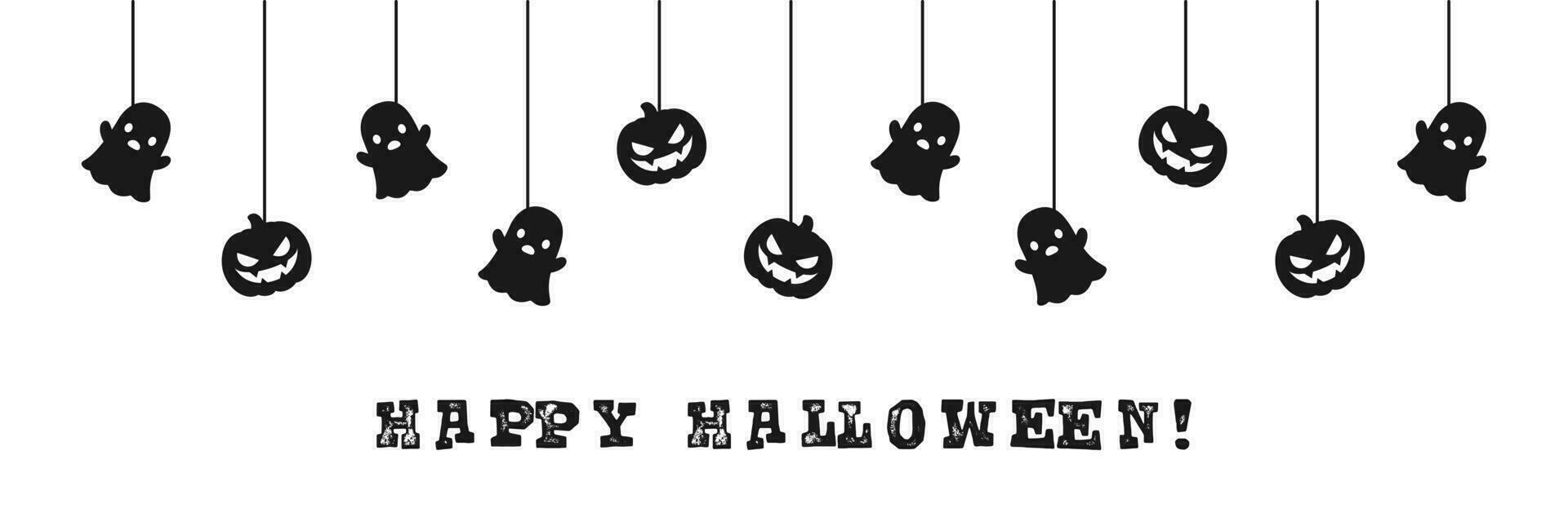 Lycklig halloween baner eller gräns med svart spöke och domkraft o lykta pumpor. hängande läskigt ornament dekoration vektor illustration, lura eller behandla fest inbjudan