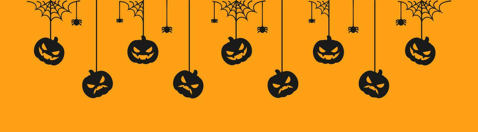 Lycklig halloween baner eller gräns med Spindel webb och domkraft o lykta pumpor. hängande läskigt ornament dekoration vektor illustration, lura eller behandla fest inbjudan