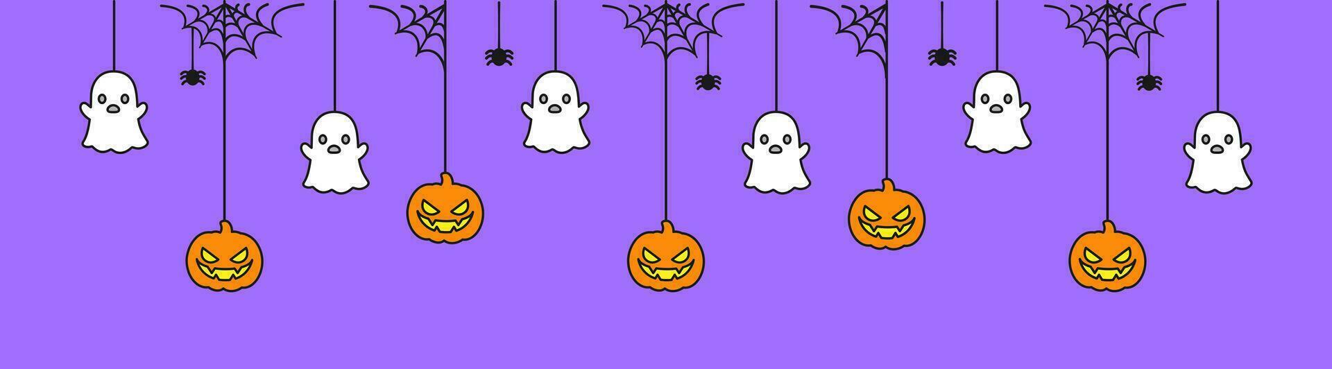 glücklich Halloween Banner oder Rand mit Geist und Jack Ö Laterne Kürbisse. hängend gespenstisch Ornamente Dekoration Vektor Illustration, Trick oder behandeln Party Einladung