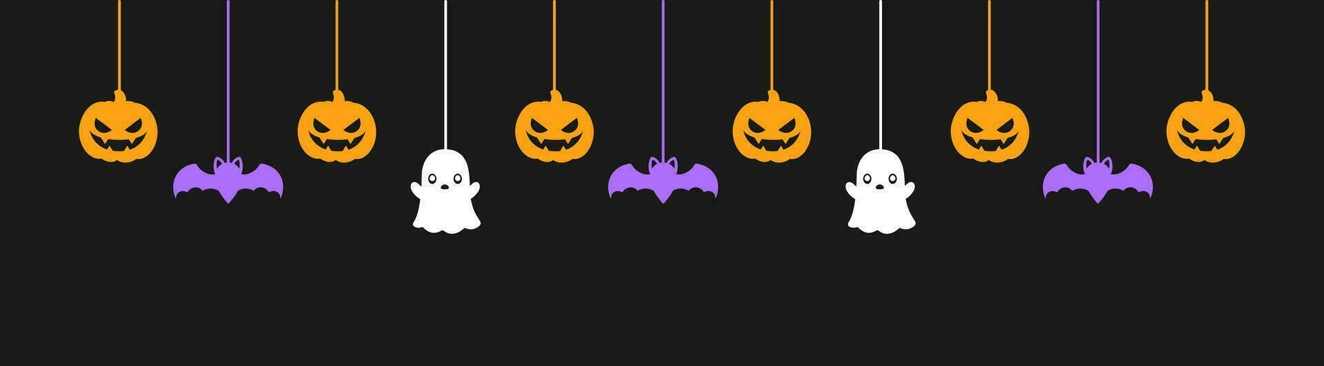 Lycklig halloween baner eller gräns med svart fladdermöss, spöke och domkraft o lykta pumpor. hängande läskigt ornament dekoration vektor illustration, lura eller behandla fest inbjudan