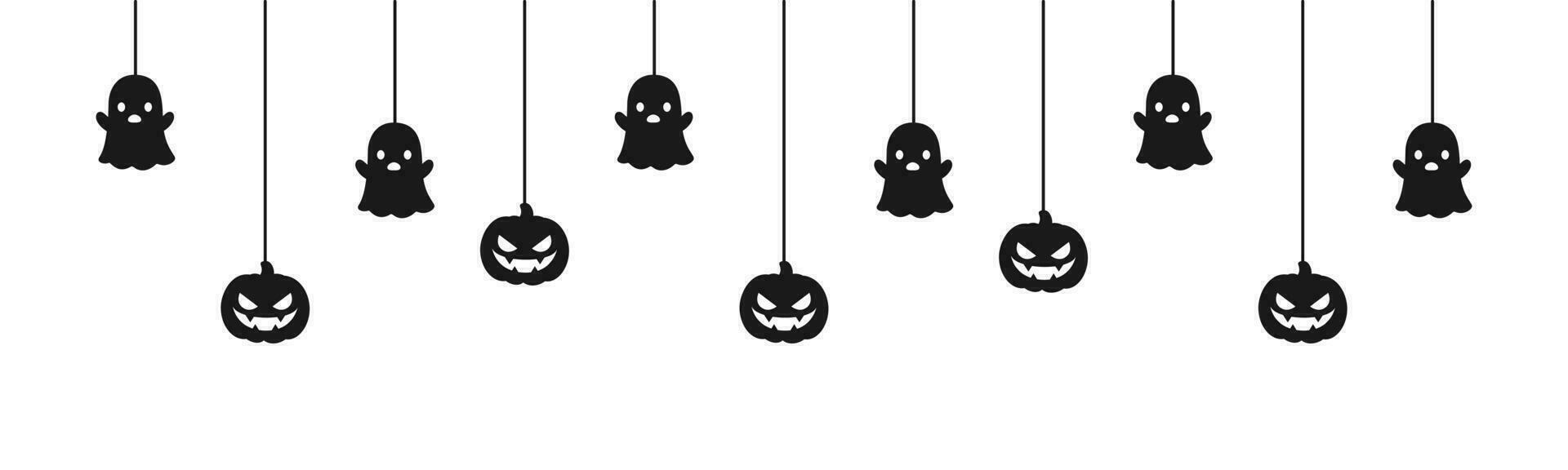 glücklich Halloween Banner oder Rand mit schwarz Geist und Jack Ö Laterne Kürbisse. hängend gespenstisch Ornamente Dekoration Vektor Illustration, Trick oder behandeln Party Einladung