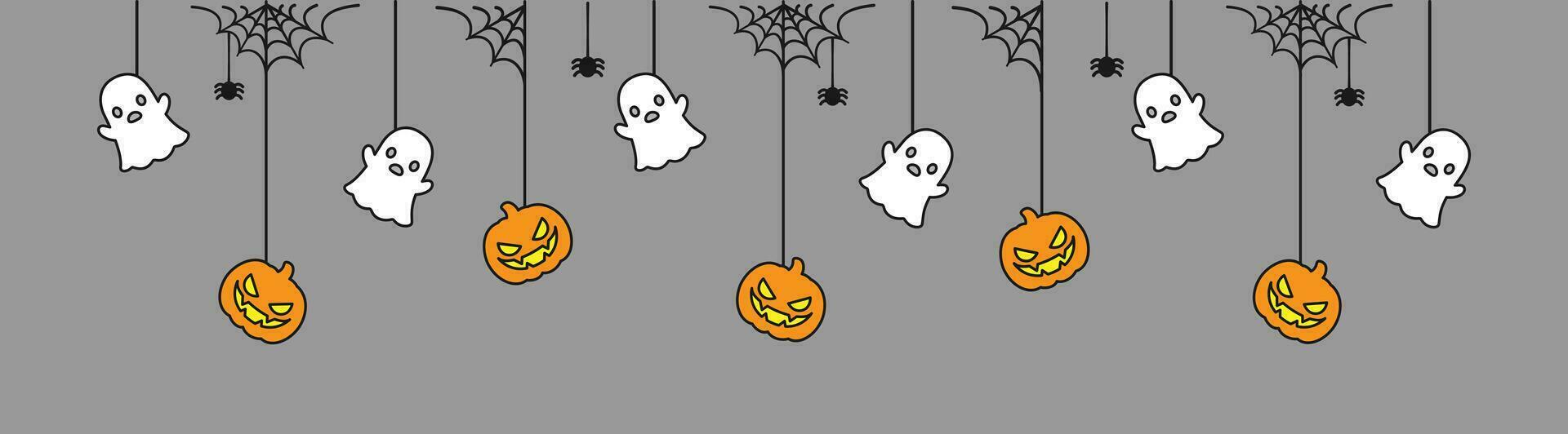 glücklich Halloween Banner oder Rand mit Geist und Jack Ö Laterne Kürbisse. hängend gespenstisch Ornamente Dekoration Vektor Illustration, Trick oder behandeln Party Einladung