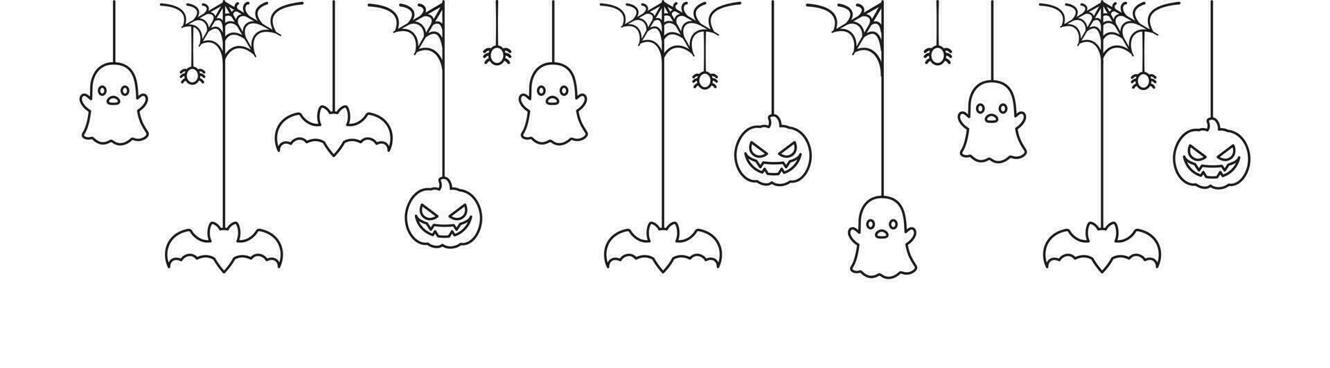 glücklich Halloween Banner oder Rand mit Fledermäuse, Spinne Netz, Geist und Jack Ö Laterne Kürbisse Gliederung Gekritzel. hängend gespenstisch Ornamente Dekoration Vektor Illustration, Trick oder behandeln Party Einladung