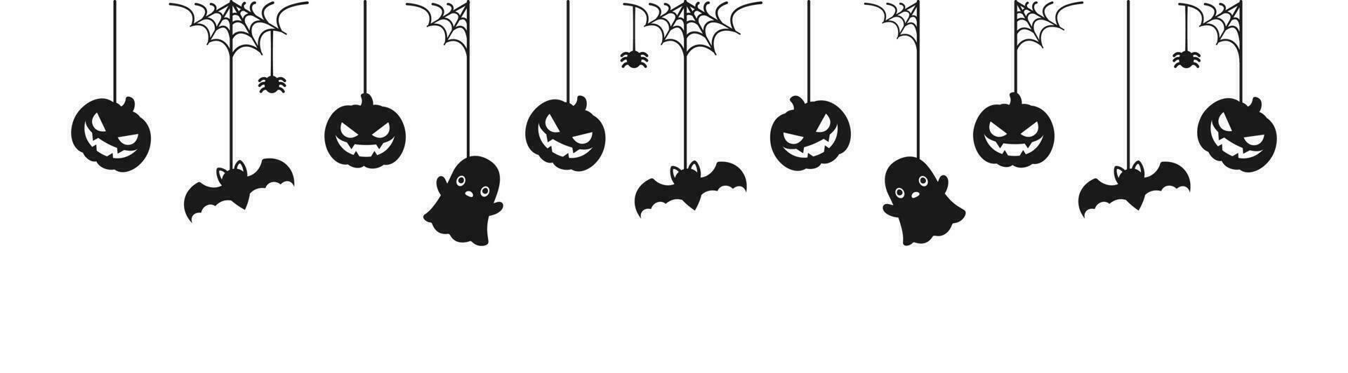 glücklich Halloween Banner oder Rand mit schwarz Fledermäuse, Spinne Netz, Geist und Jack Ö Laterne Kürbisse. hängend gespenstisch Ornamente Dekoration Vektor Illustration, Trick oder behandeln Party Einladung