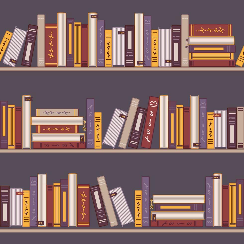 bokhyllor, bibliotek, tecknad serie stil sömlös mönster. begrepp för älskande av läsning. för tapet, utskrift på tyg, förpackning, bakgrund vektor