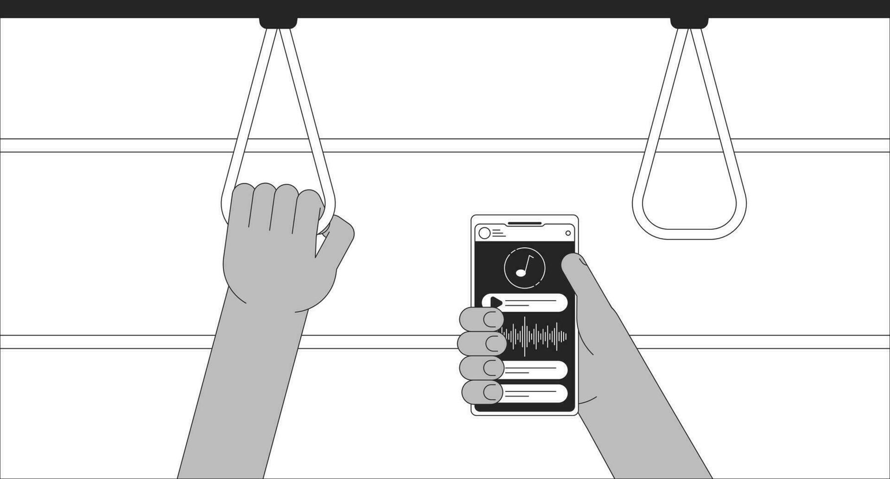 lyssnande till musik i offentlig transport svart och vit kyla lo fi bakgrund. innehav telefon översikt 2d vektor tecknad serie interiör illustration, enfärgad lofi tapet skrivbordet. bw 90s retro konst