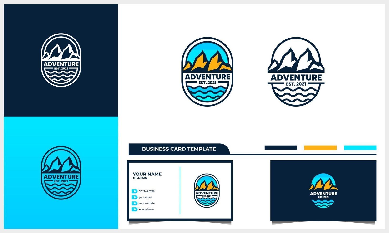 Abzeichen Abenteuer Berg und Meer Logokonzept mit Strichzeichnungen und Visitenkartenvorlage vektor