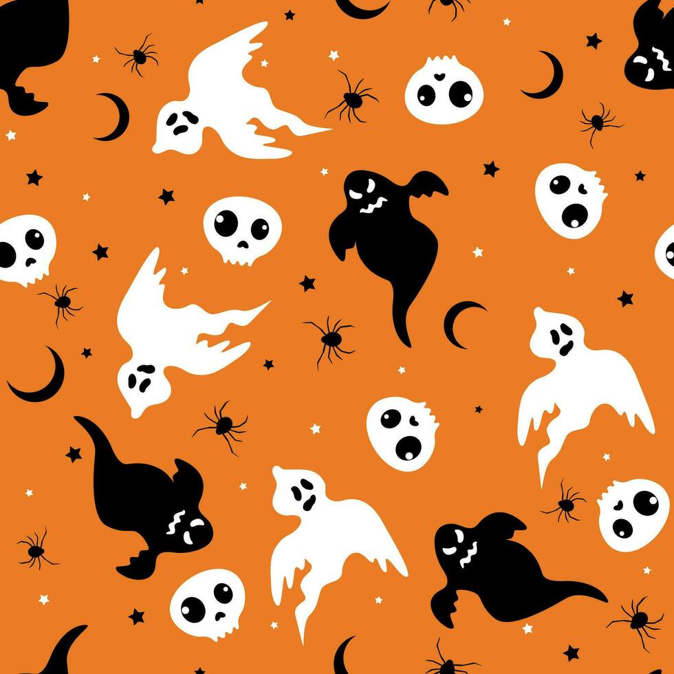 nahtlos Muster mit Schädel, Spinne, Schädel, Mond, Geister und Sterne. Vektor Halloween Hintergrund im eben Stil. Gekritzel Stil. zum Textilien, Kleidung
