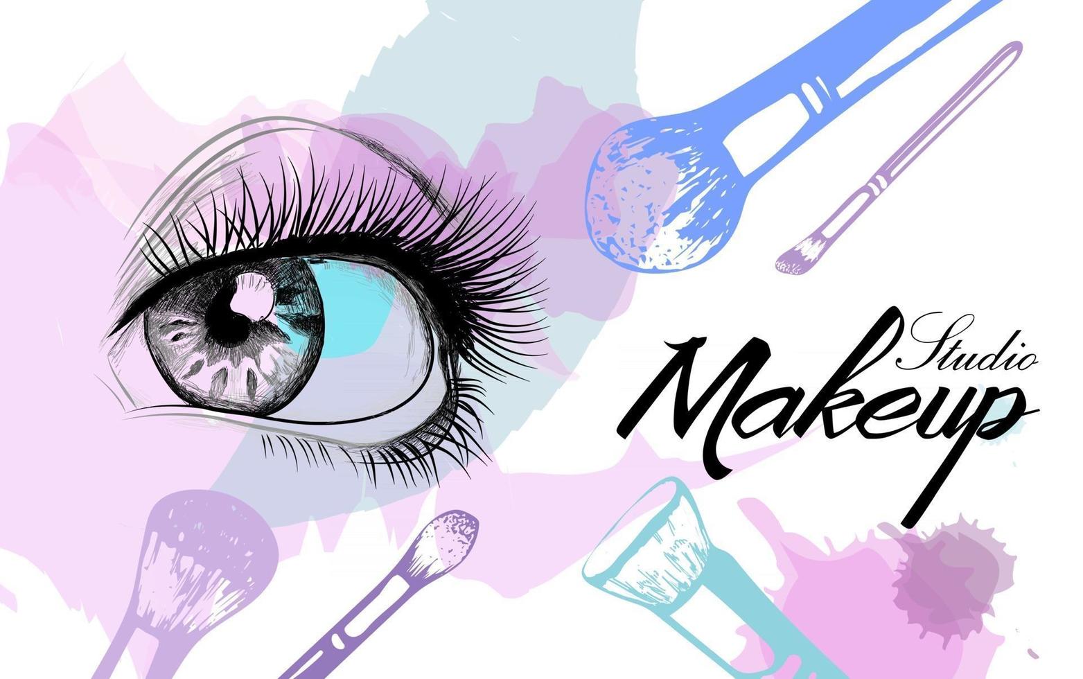 vektor handritad illustration av färgglada kvinnors ögon- och sminkborstar. koncept för skönhetssalong, kosmetikaetikett, kosmetologiprocedurer, ansikte och smink.