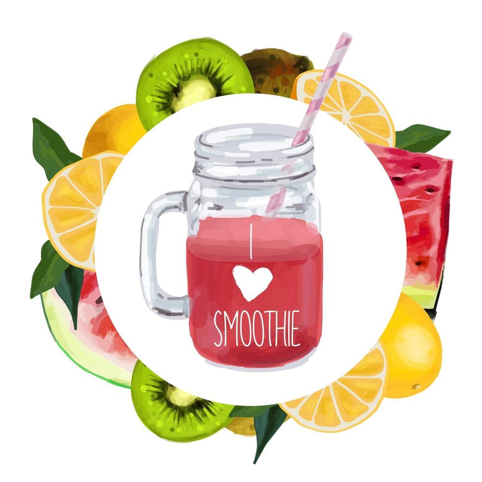 Smoothie-Glas mit tropischem Blatt, Wassermelone, Kiwi und Orangen. vektor