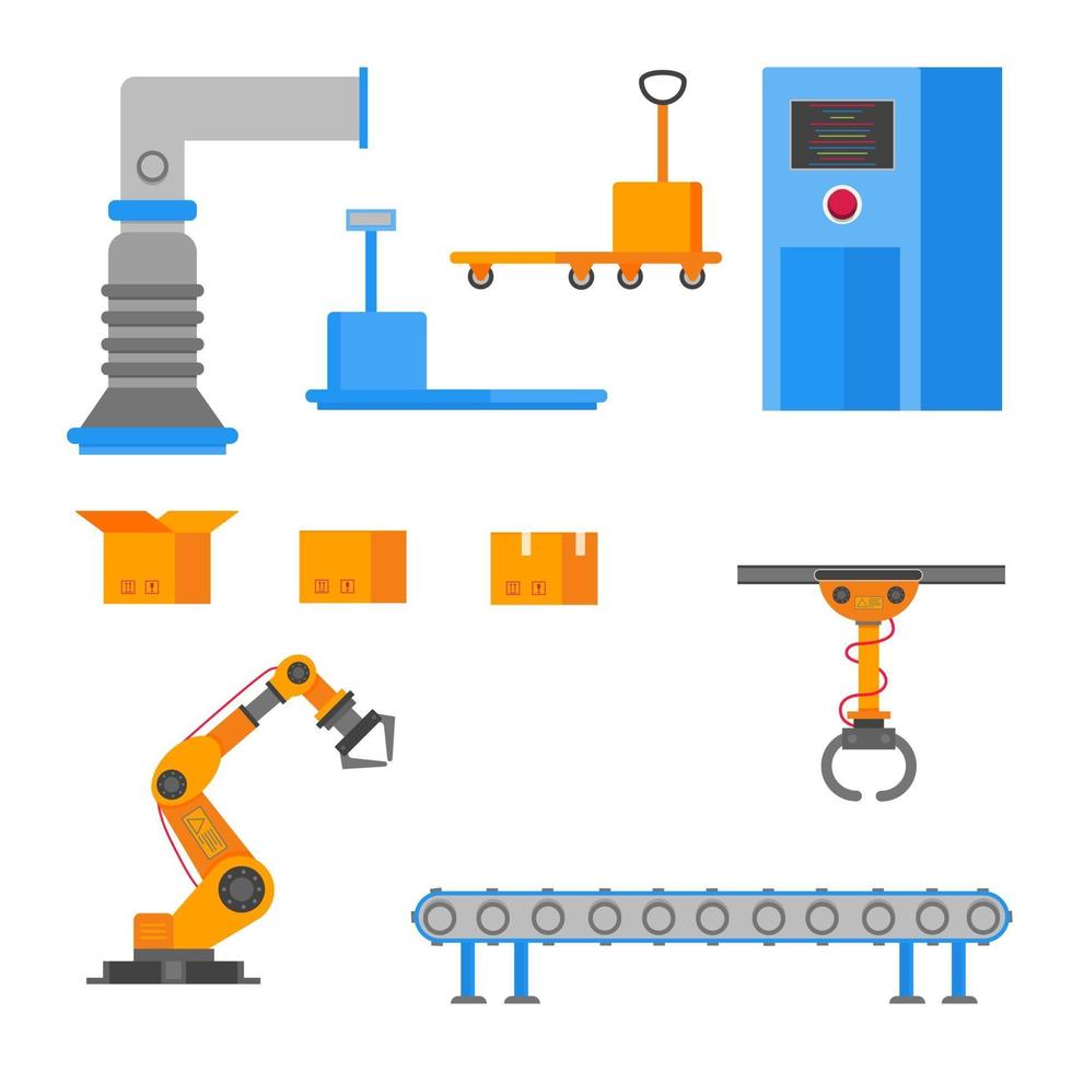 Fabrikelemente setzen flaches Design mit Kartons, Belüftung, Förderer, Roboterarm, Schachtel mit Deckel, Industriewaage, offene Schachtel, Wagen, automatisierte Linie, Bediener einzeln auf Weiß. vektor