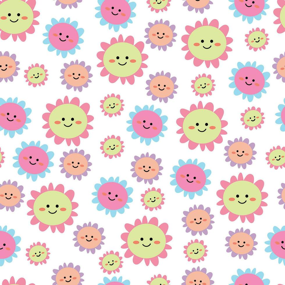 süß Blumen Muster, Lächeln sonnig Gesicht Karikatur nahtlos Hintergrund, Vektor Illustration, Hintergrund, Textilien, Tasche, Kleidungsstück, Mode Design