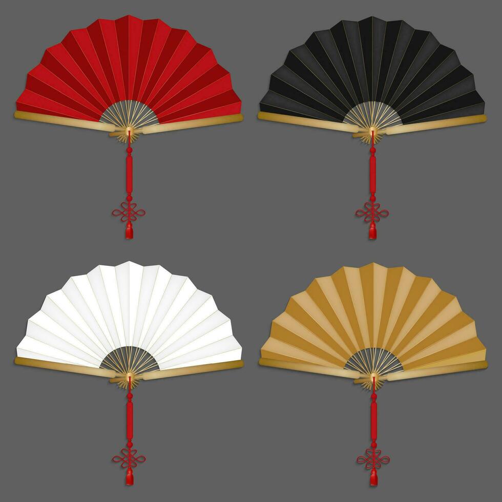 realistisch detailliert 3d Farbe Chinesisch Hand Fans Satz. Vektor