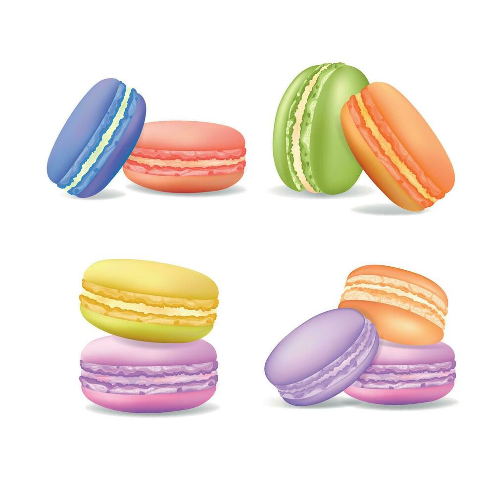 realistisk detaljerad 3d annorlunda smak macaroons uppsättning. vektor