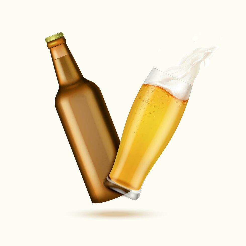 realistisch detailliert 3d leeren Vorlage Attrappe, Lehrmodell, Simulation braun Glas Bier Flasche und golden Bier transparent Glas Tasse Satz. Vektor